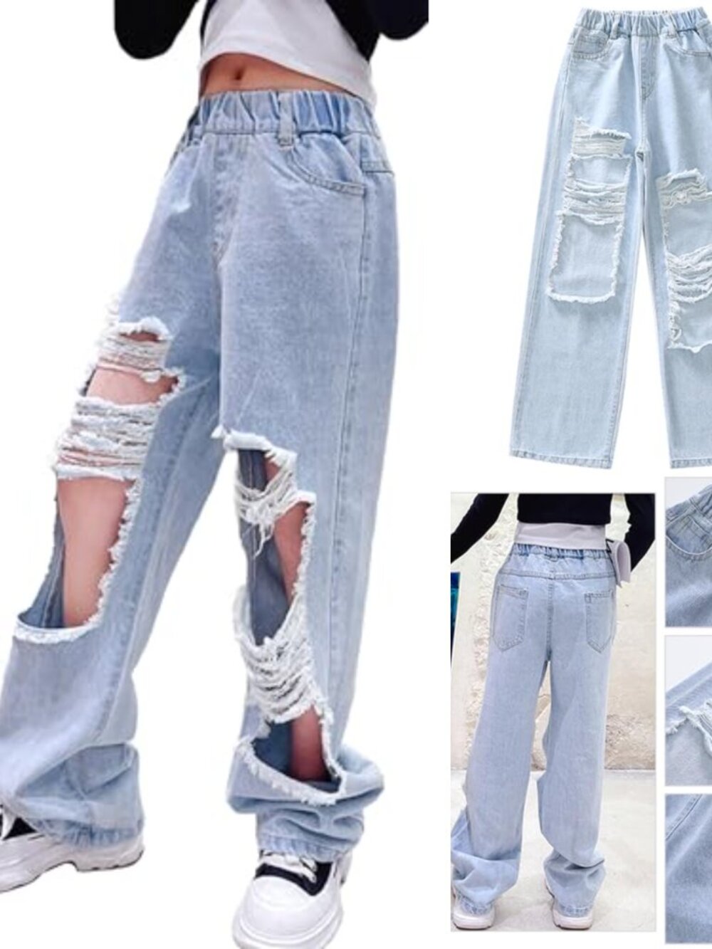 Girls High Waisted Wide Leg Flare Jeans Bell Bottom Denim Pants